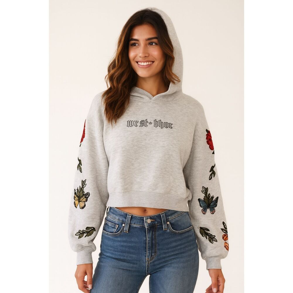 WRSTBHVR Gray Cropped Hoodie Embroidered Butterfly Floral Sleeve Y2K Sz S Fleece